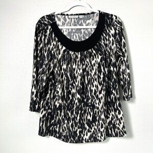 Susan Graver Animal Print Top Size M Black Gray 3/4 Sleeve Sparkles A216910